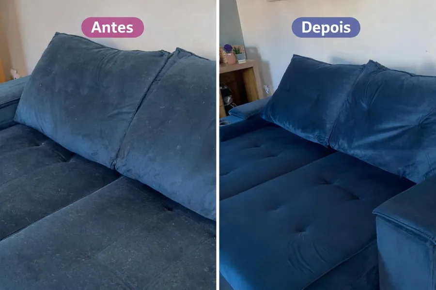 Sofá azul antes e depois da higienização