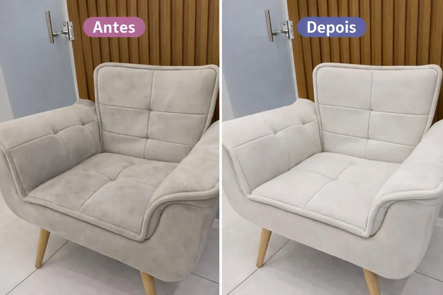 Poltrona bege antes e depois da higienização