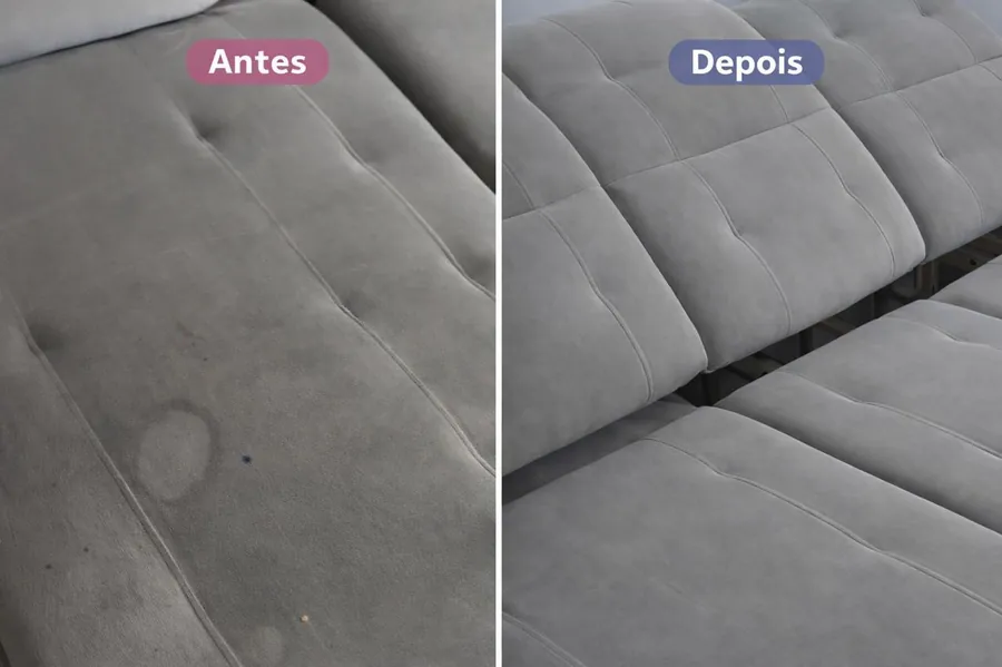 Sofá cinza antes e depois da extração profunda